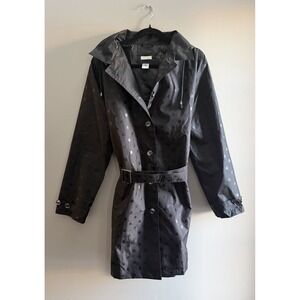 Capelli Women's Black Polka Dot Trench Rain Coat Belted Removable Hood Size L